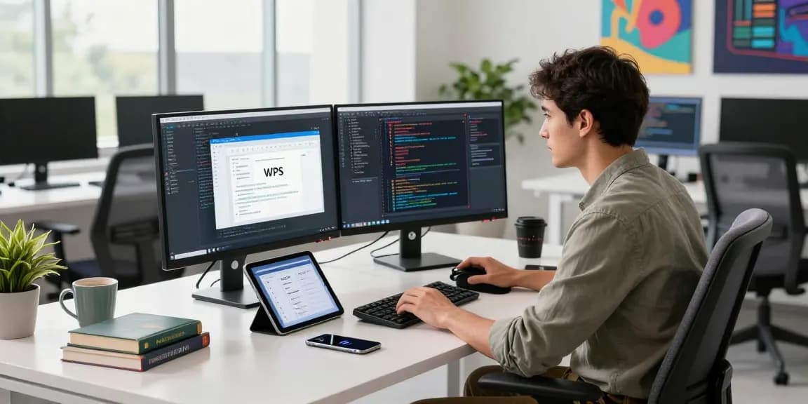 WPS Download in action on a developer's dual monitors in a sleek tech workspace.