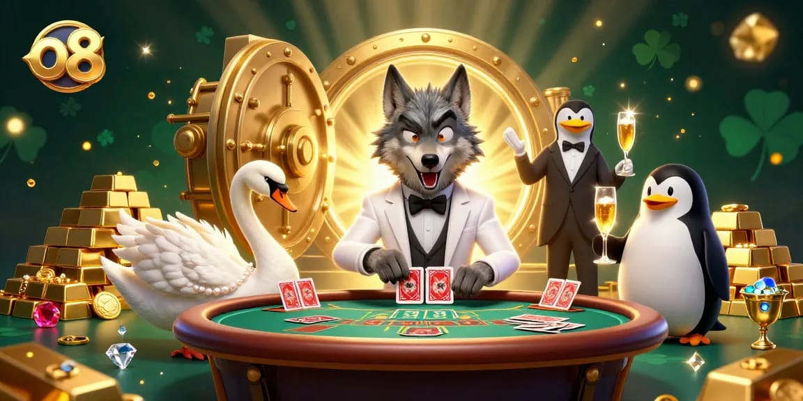 Experience thrilling games at o8 with a debonair wolf and friends in a vibrant casino scene.