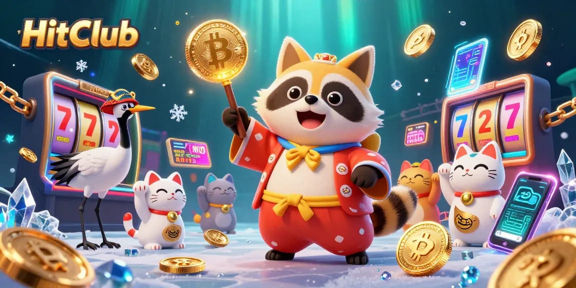 HitClub brings excitement with a cheerful tanuki and cryptocurrency elements in a vibrant casino scene.