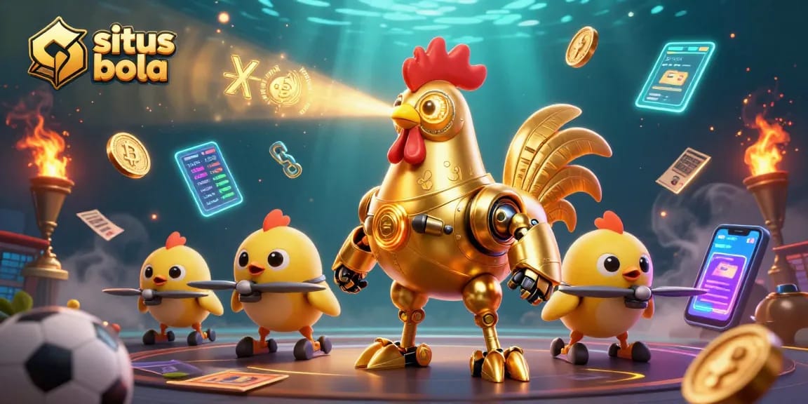 Menangkan taruhan di situs judi bola dengan ilustrasi yang menunjukkan robot ayam berteknologi tinggi.