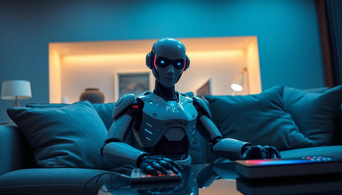 A lifelike sex bot featured in a modern living room, showcasing advanced AI technology and intimate ambiance.