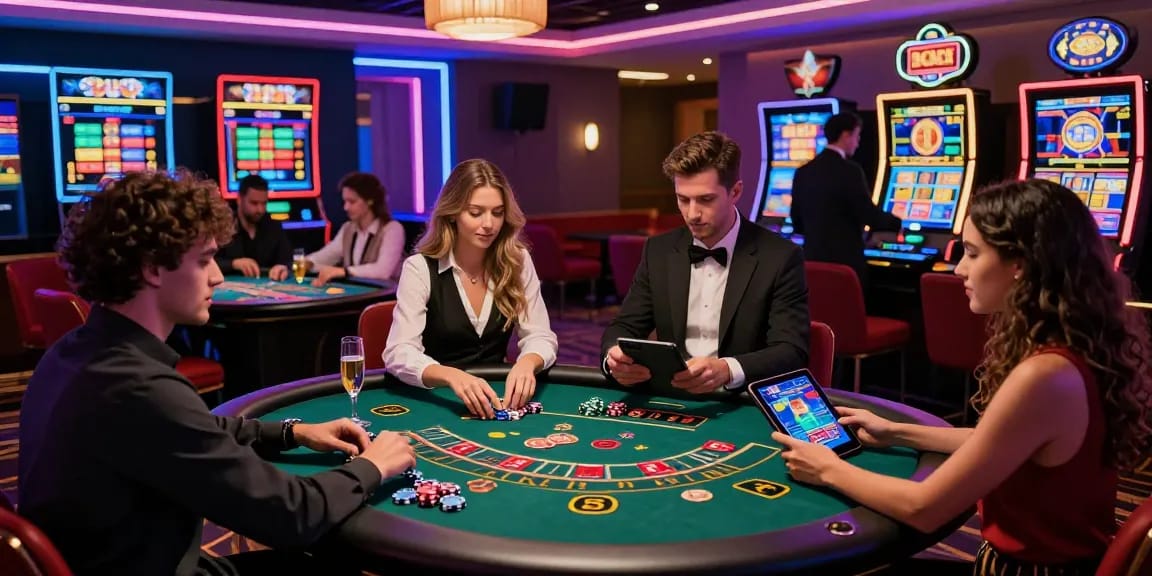 Trải nghiệm Game E2WIN với không gian casino sang trọng và người chơi phấn khích.