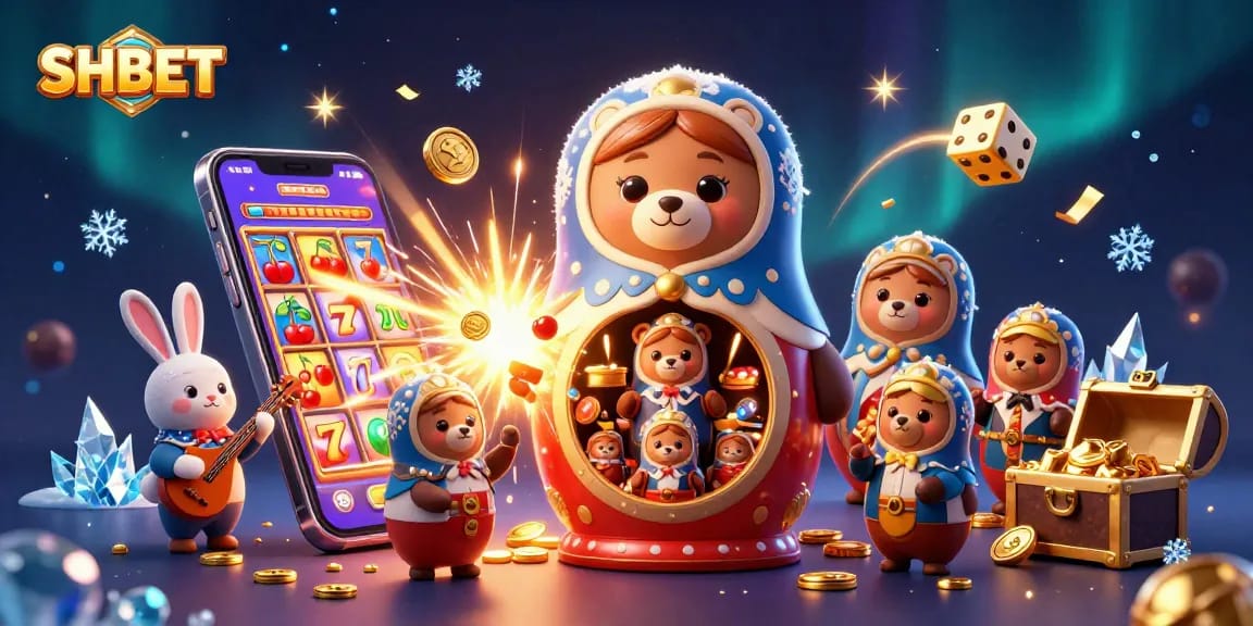 SHBET showcases an engaging 3D scene with a Matryoshka bear and vibrant casino elements, encapsulating the online gambling excitement.