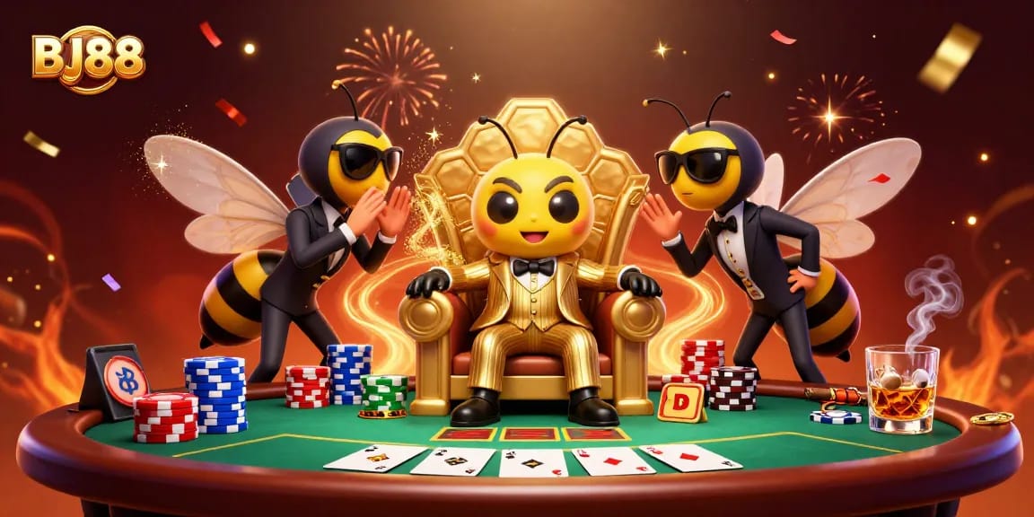 Engage with BJ88's thrilling card games showcased in a vibrant casino scene with dynamic characters.