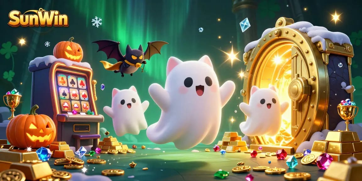 Experience thrilling wins at SunWin, featuring a ghost cat and vampire bat in a vibrant casino scene.