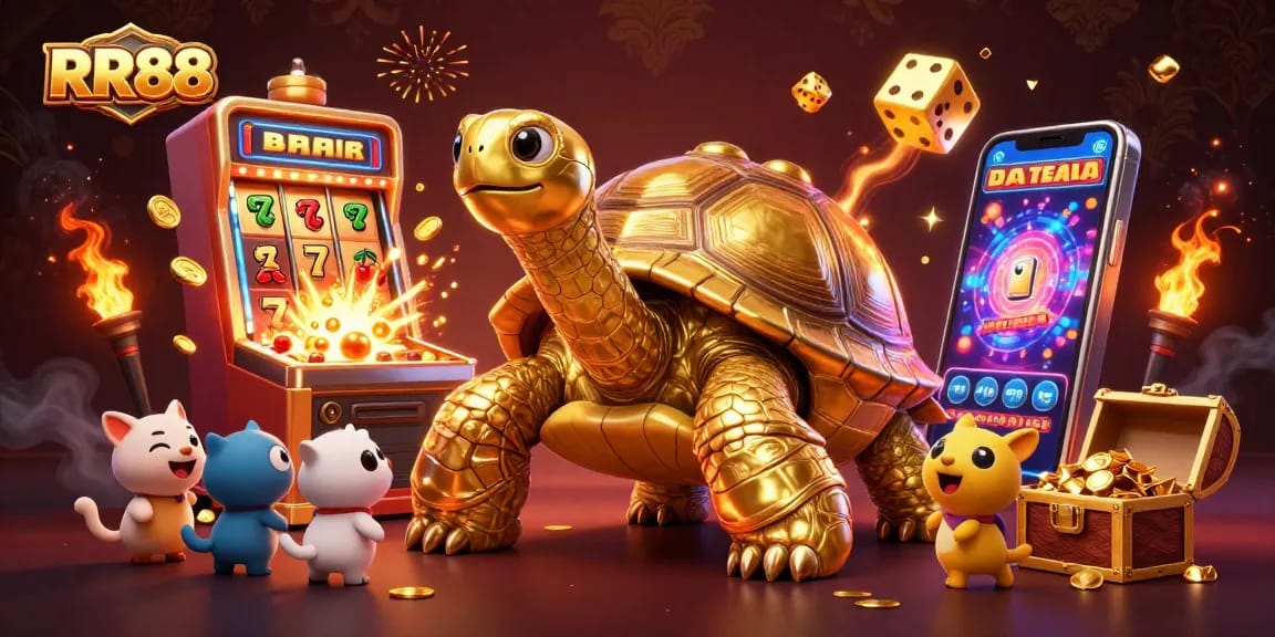 Experience thrilling moments at RR88 casino with a playful golden tortoise and exciting games.