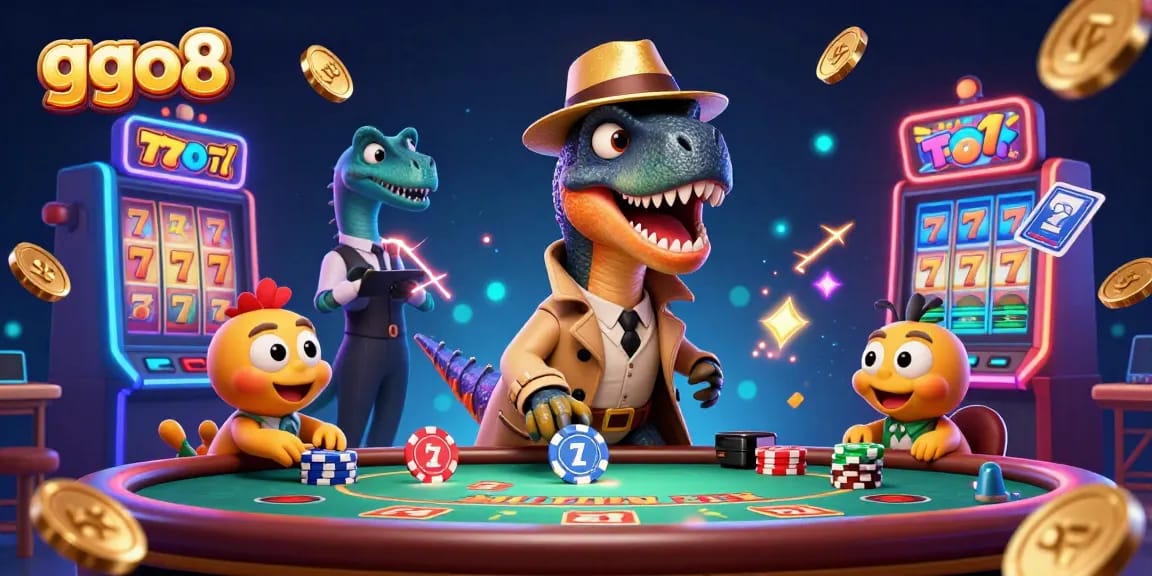 Experience thrilling slots and winning moments with ggo8's dynamic cartoon casino scene featuring a clever velociraptor and friends.