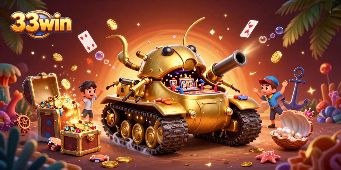 Play at 33win's vibrant casino scene featuring a gold beetle tank and thrilling games.