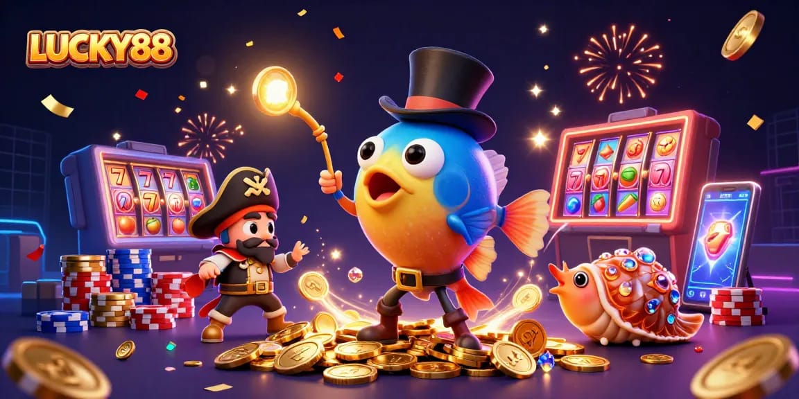 Win big with LUCKY88 slot reels and treasures in this vibrant casino scene filled with excitement.