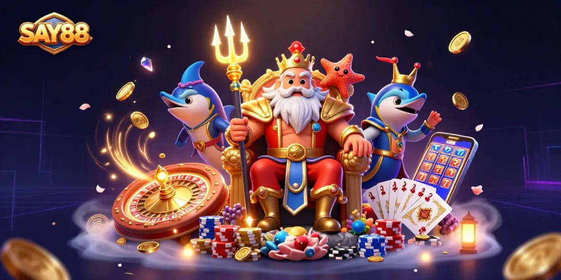 SAY88 brings excitement with a vibrant sea king, samurai, and treasures swirling in a thrilling casino setting.