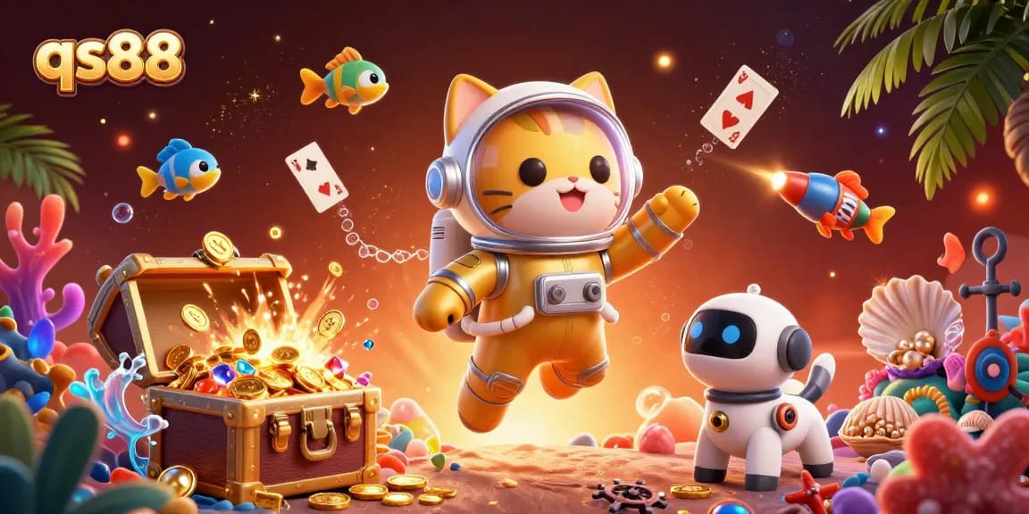 Experience thrilling action at qs88 with a space-themed casino environment featuring dynamic characters and vibrant treasures.