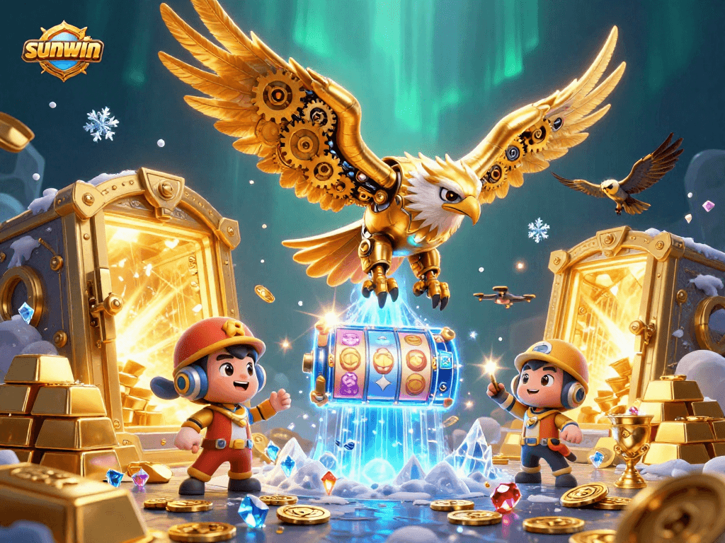 Experience winning slots at sunwin with a majestic golden eagle soaring through treasures
