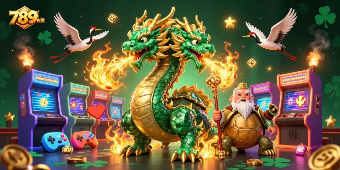 Experience 789win's thrilling gameplay with an emerald dragon and lucky cranes in a vibrant casino scene.
