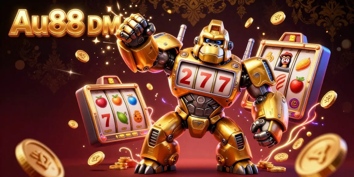 Experience thrilling slot action at Au88 DM with a mech-themed gambling illustration full of vibrant casino elements.