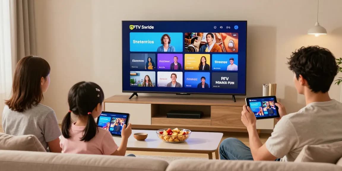 Familj som njuter av IPTV Sverige på en smart TV med flera enheter i ett mysigt vardagsrum.