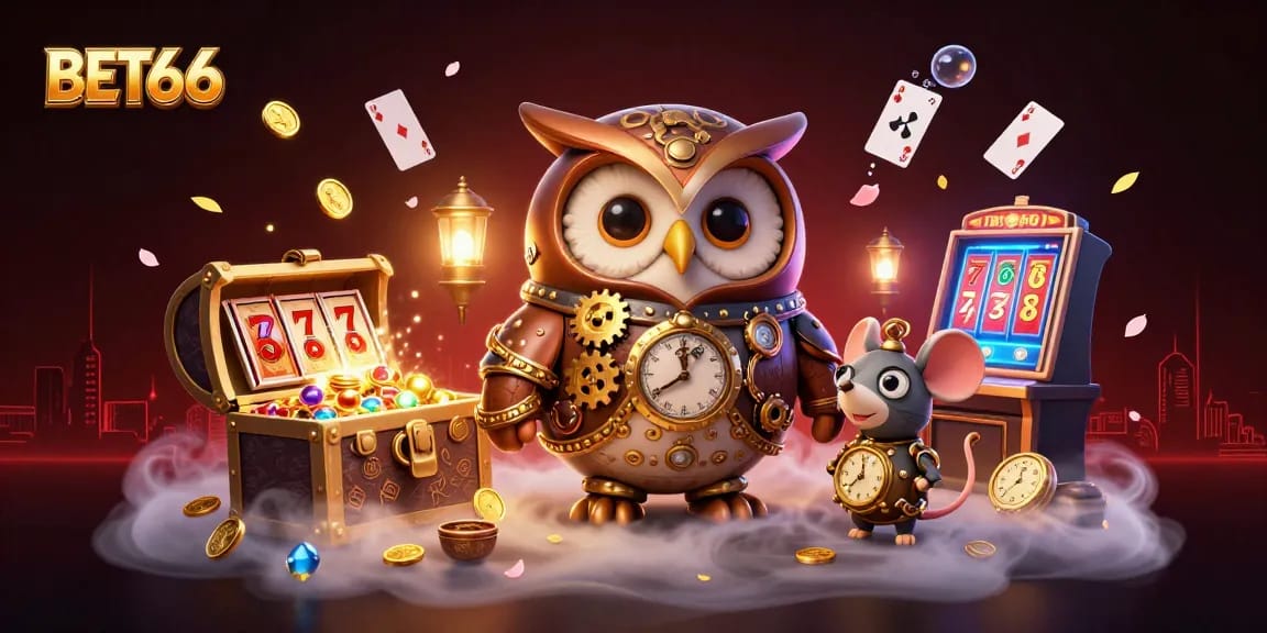 Experience thrilling gameplay at BET66 with a vibrant slot scene featuring cartoon characters and dynamic casino elements.