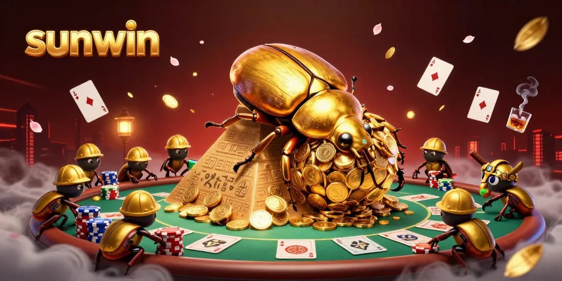 Embark on thrilling gameplay at sunwin with golden beetles gathering coins in a mesmerizing casino scene.