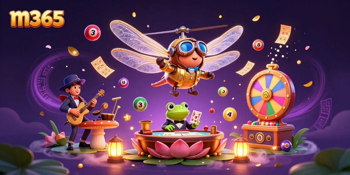 Experience thrilling casino action with m365 featuring a dragonfly pilot and frog dealer amidst vibrant gaming elements.