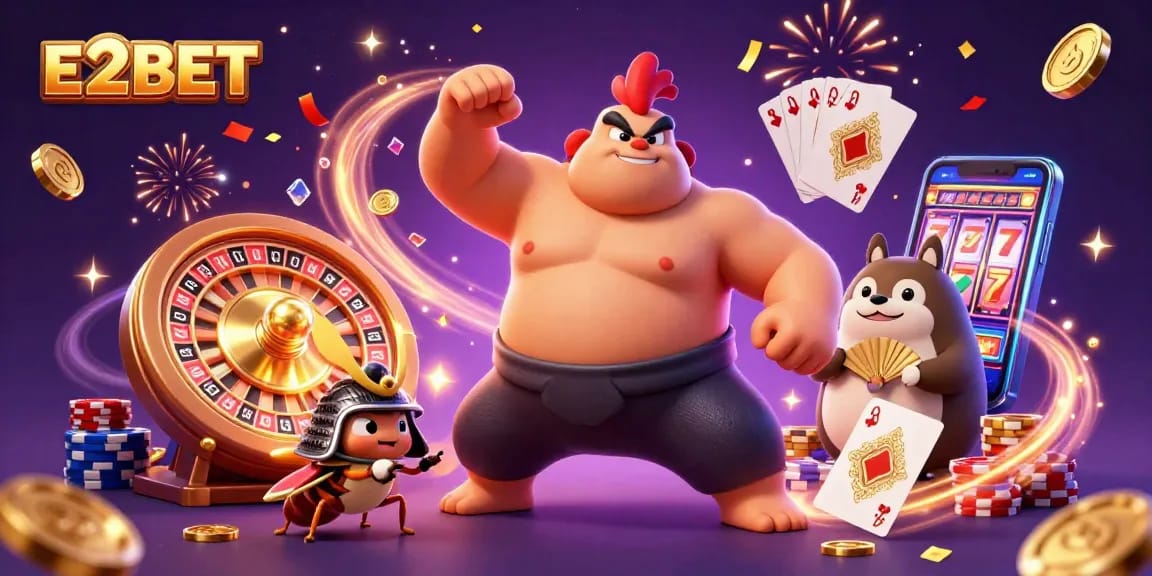 E2BET showcases a dynamic scene with sumo and cricket, celebrating casino wins with coins and games.