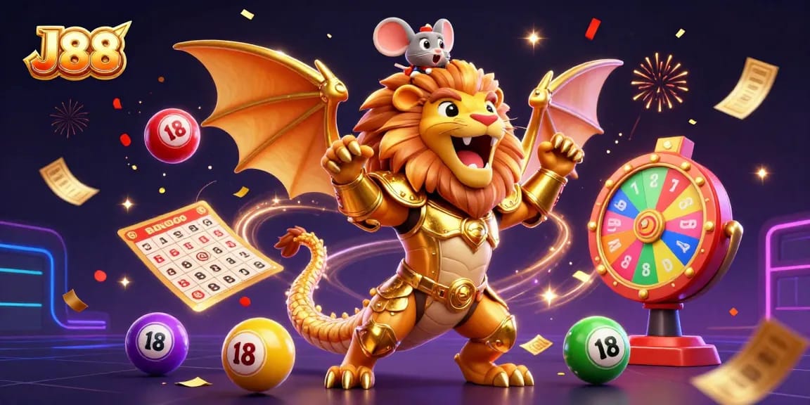 Experience thrilling gaming with J88 as a chimera creature and a mouse jockey dominate colorful lottery elements and festive effects.