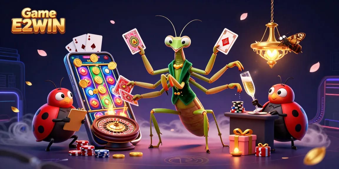 Engage in Game E2WIN with a vibrant casino scene showcasing dynamic game elements and colorful characters.