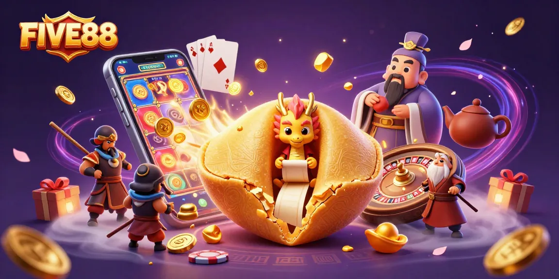 Engaging FIVE88 casino scene with a giant golden fortune cookie, dragon, and captivating game elements.