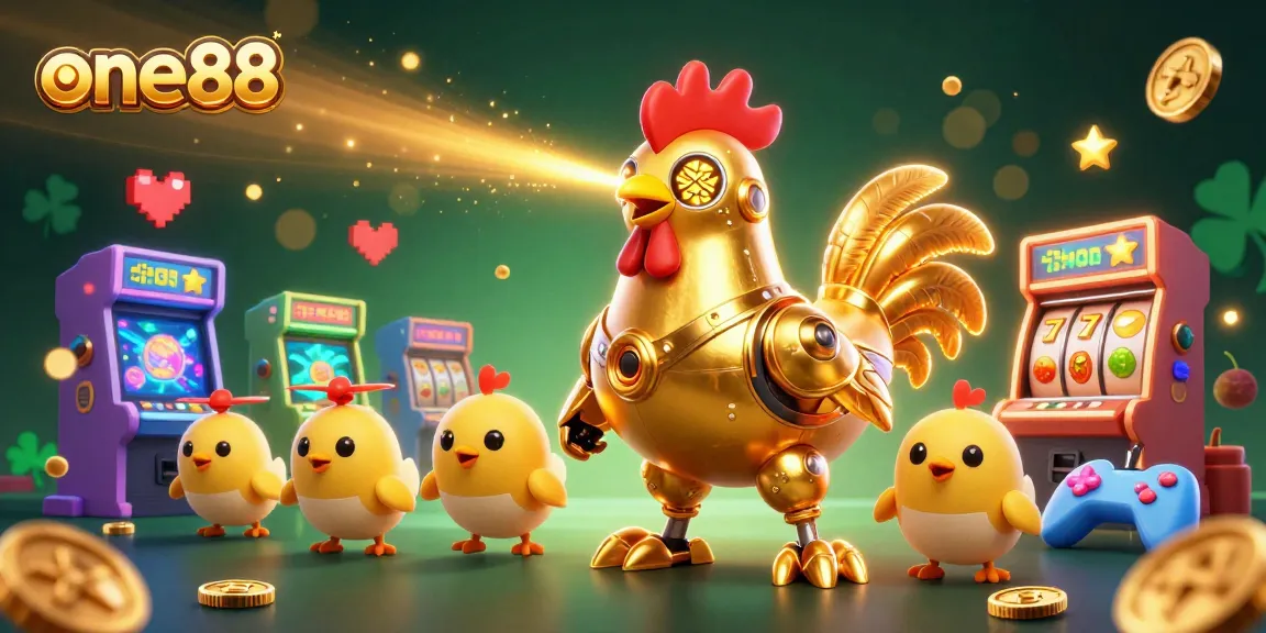 Bet on excitement with one88 - a golden rooster robot and drones in a vibrant casino gaming world.