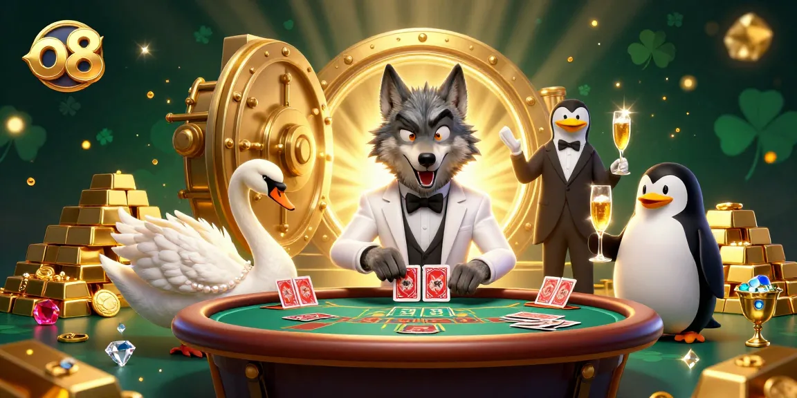 Experience thrilling games at o8 with a debonair wolf and friends in a vibrant casino scene.