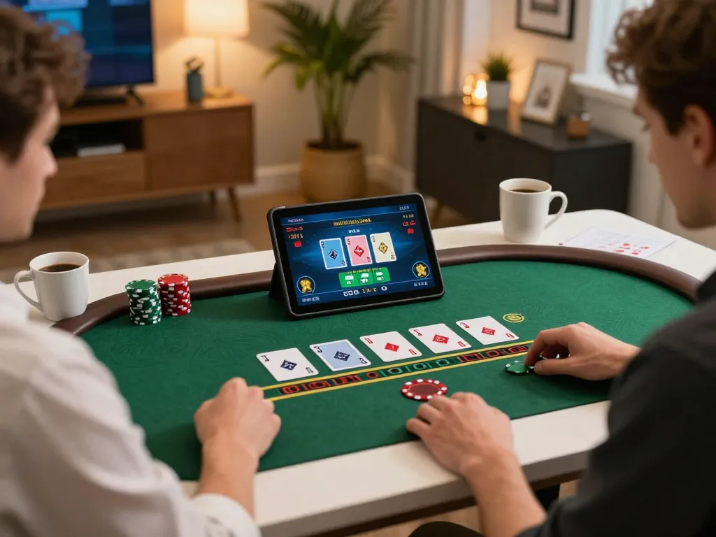Fun88 player strategizing a blackjack hand on a tablet in a cozy home setting