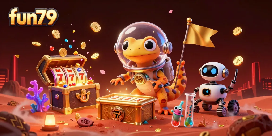 Engage in exciting fun79 adventures with a Martian gecko amidst gems and golden slot treasures.