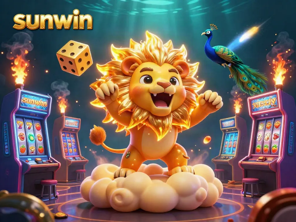 Experience exciting gameplay with sunwin's vibrant 3D casino elements like slot reels and golden dice.