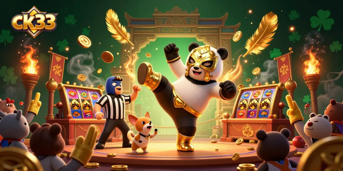 Experience thrilling gameplay at ck33 with a panda kicking in a vibrant casino scene.