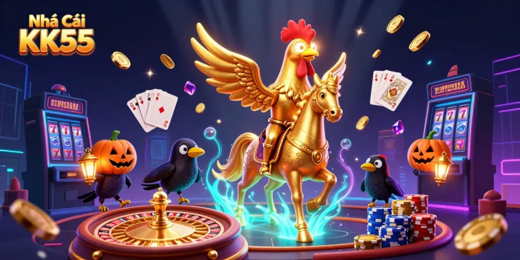 Experience the thrill at Nhà Cái KK55 with a vibrant midnight casino scene featuring magical characters.