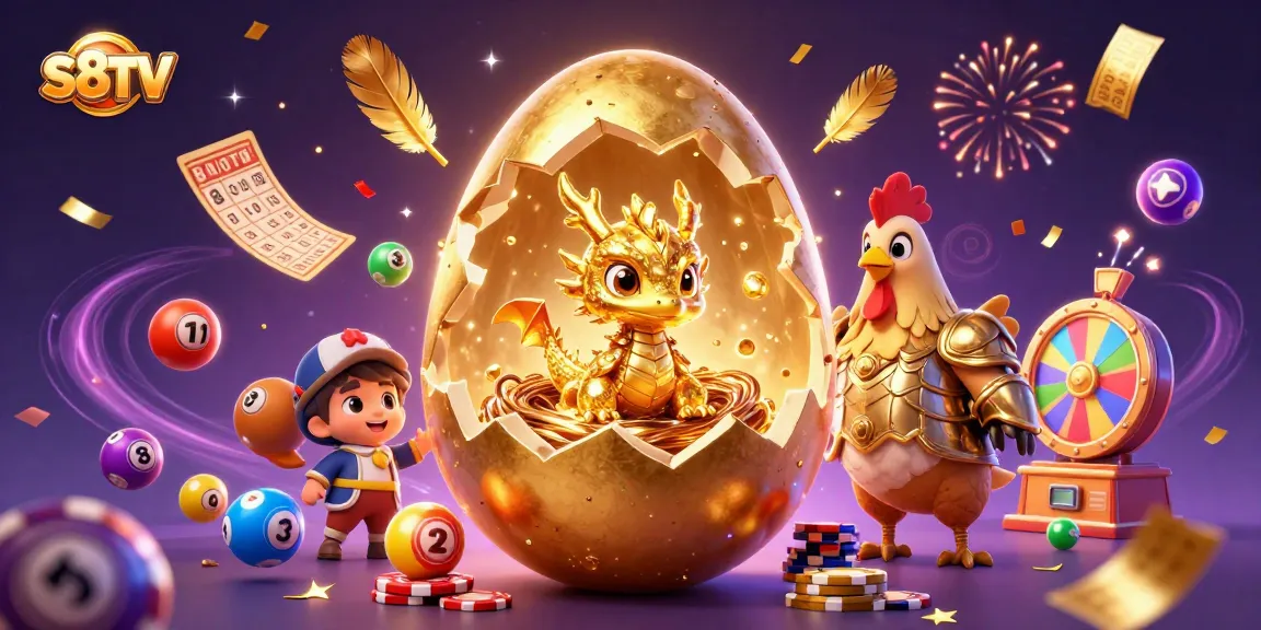 S8TV captivates with a golden dragon emerging from a poker chip nest, amidst vibrant gambling elements.