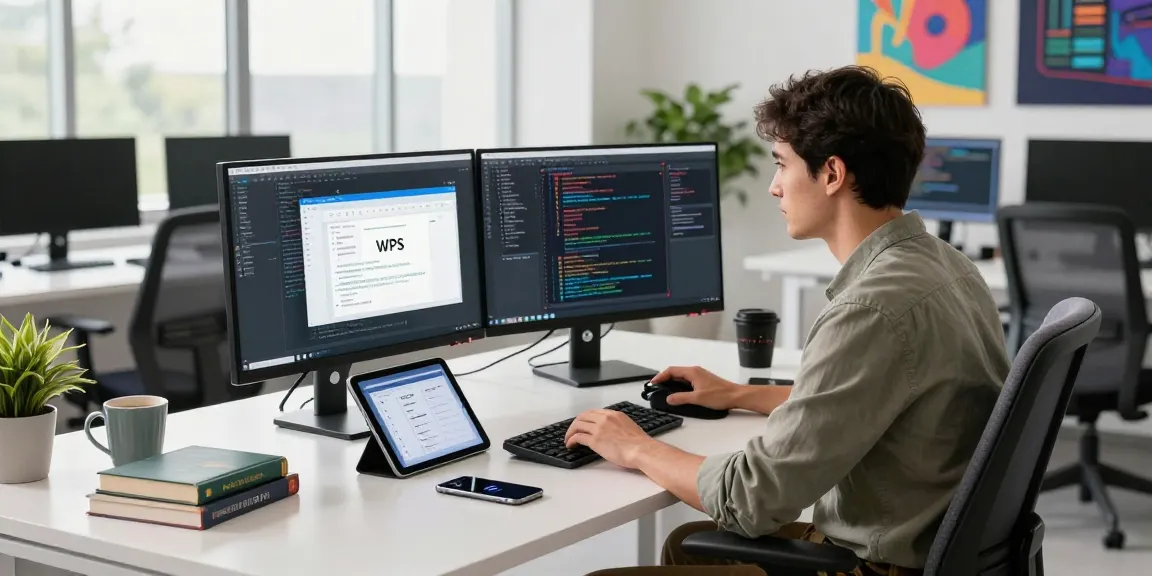 WPS Download in action on a developer's dual monitors in a sleek tech workspace.