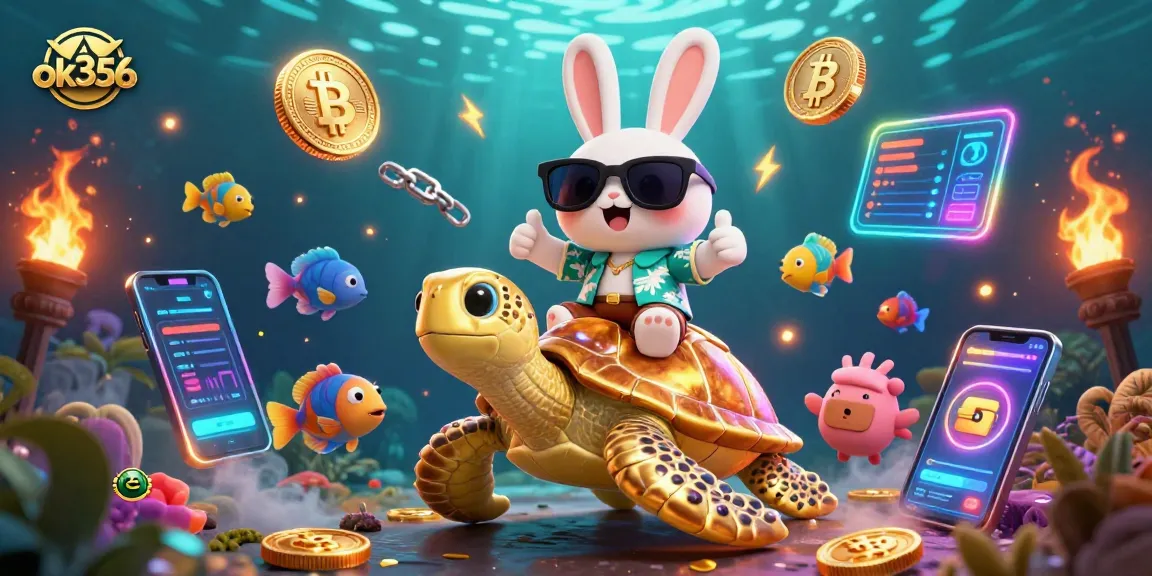 Experience the excitement of ok356 at a vibrant casino, with lucky characters and glowing crypto elements.