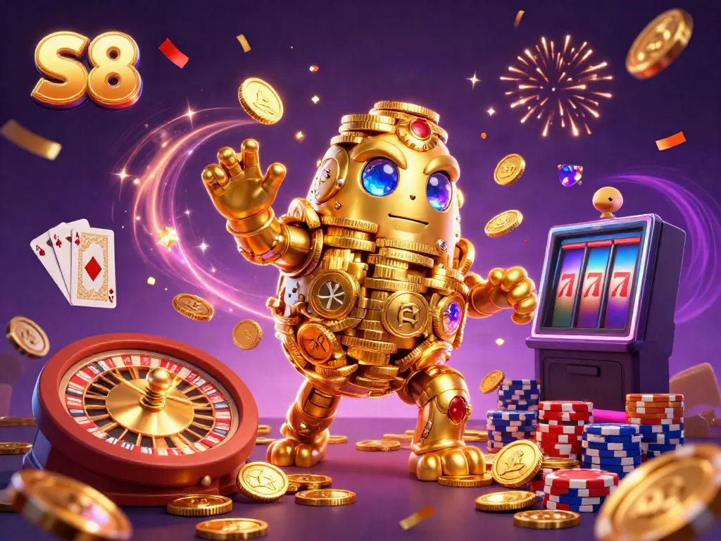 Experience the vibrant and thrilling world of S8 with dynamic casino elements and a golden golem in action.