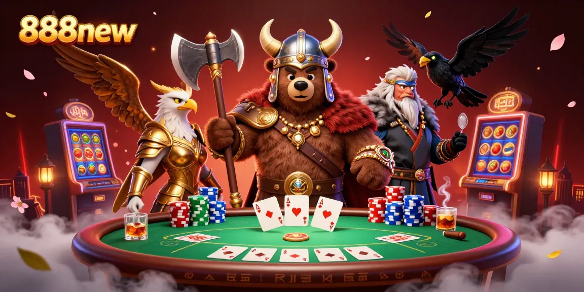 Engage with 888new's vivid casino adventure featuring Viking character, glowing slot elements, and dynamic poker setup.