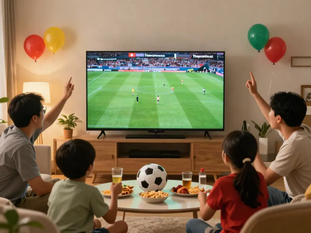 Families enjoying live sports on Thapcamtv.ac in a cozy living room.