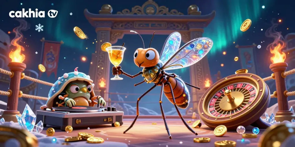 Engage with cakhia tv's vibrant 3D casino scene featuring a revived mascot cocktail and trilobite DJ.