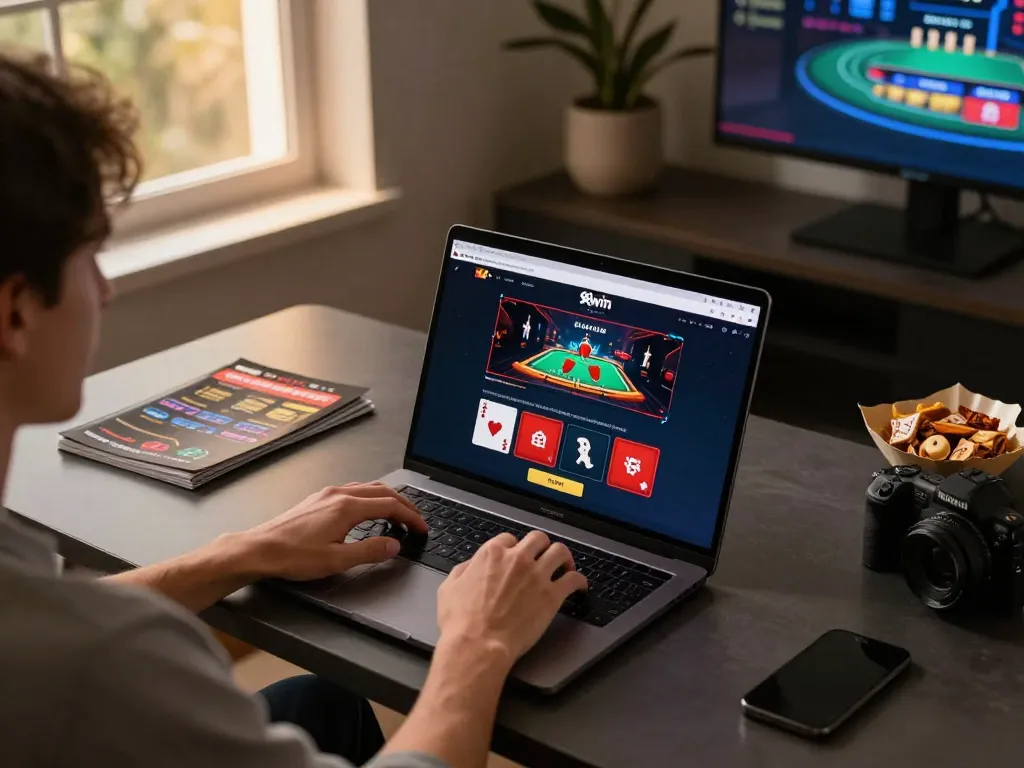 Player engaging in online gaming on 98win platform, showcasing poker action at home
