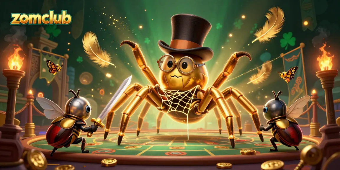 Experience excitement in zomclub with a brave beetle knight and golden tarantula amid swirling casino effects.