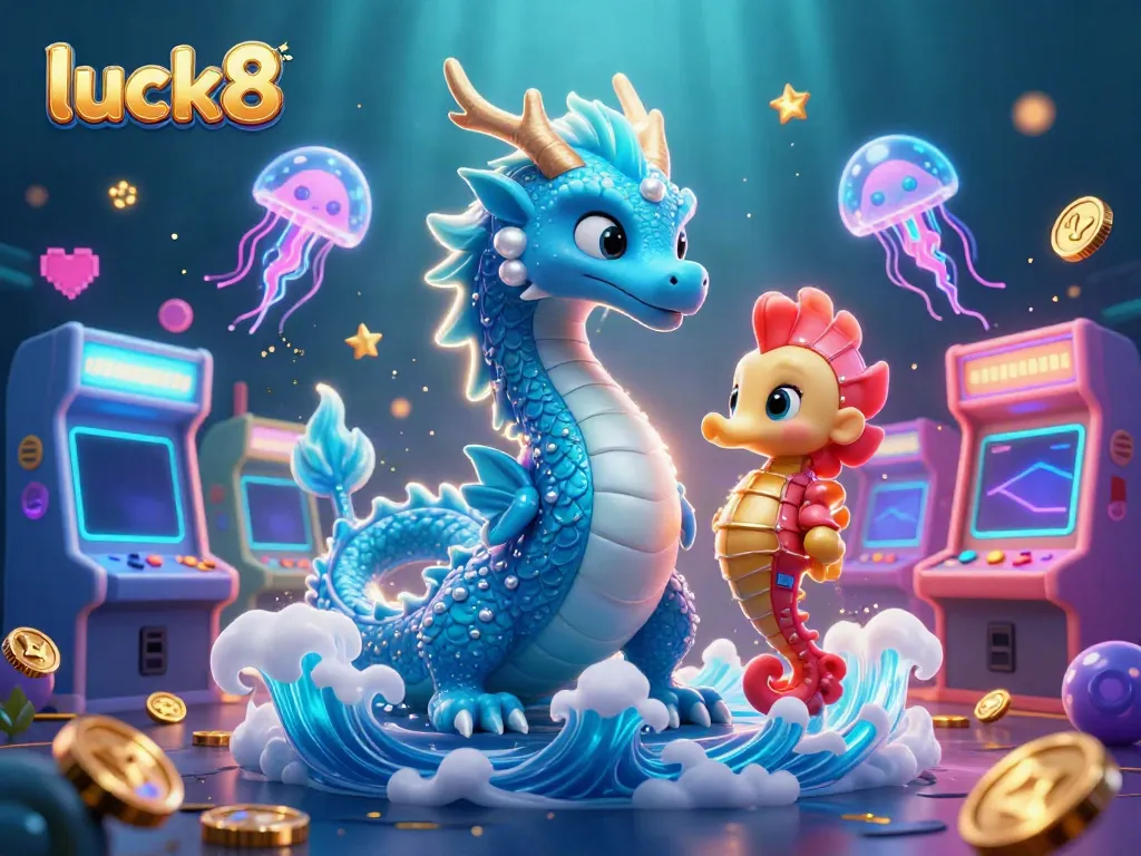 Engage with luck8's thrilling casino experience featuring colorful 3D elements and vibrant mythical characters.