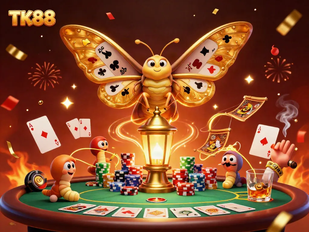 Experience the excitement of TK88 with a vibrant 3D casino scene featuring dynamic game elements.