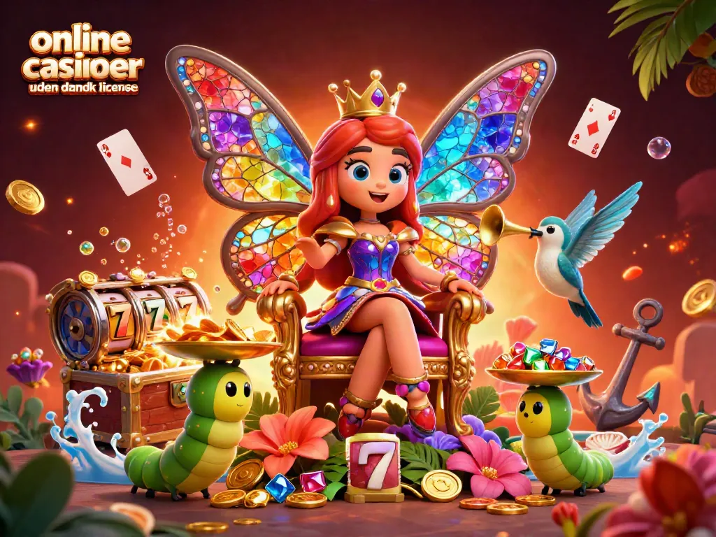 Engage with online casinoer uden dansk licens featuring a butterfly queen on a flower throne amidst treasures and vibrant elements.