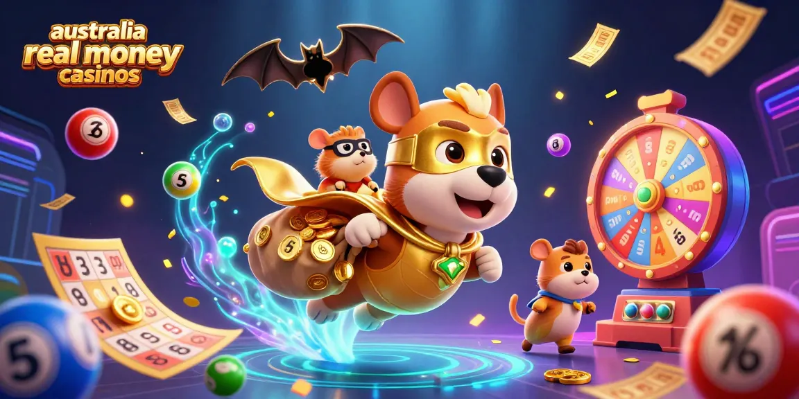 Play casinos with a fun twist—superhero dog and sidekick hamster in a vibrant, dynamic scene for australia real money casinos.