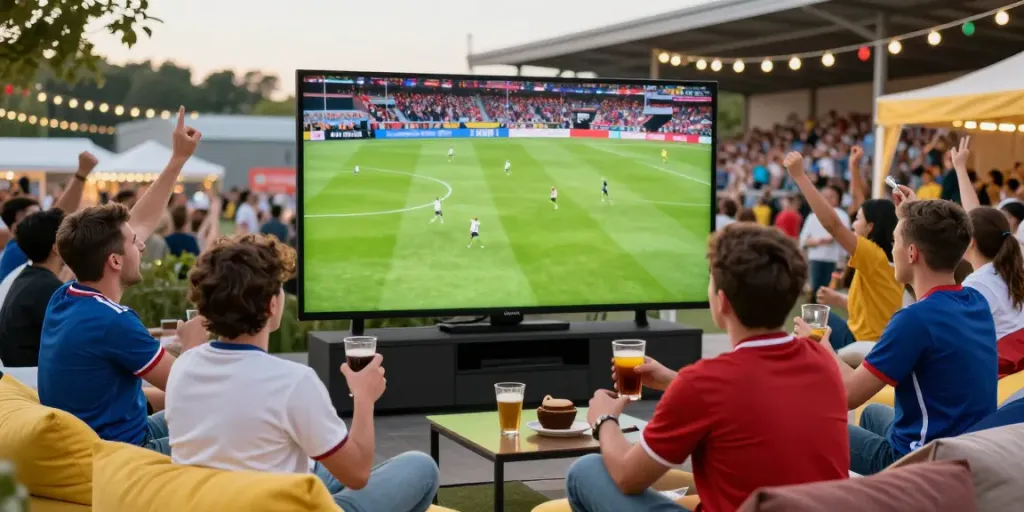 Fans enjoying live football at gavangtv.life in a vibrant outdoor setting.