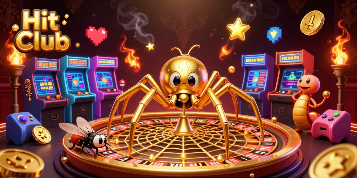 Experience thrill at Hit Club's roulette wheel as the golden spider spins in this vibrant casino scene.
