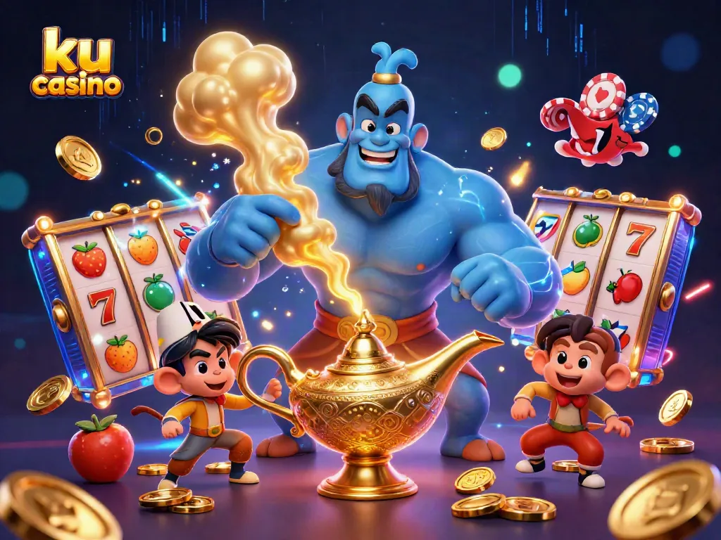 Experience the excitement of ku casino with a magical scene featuring a blue genie, poker chips, and jackpot elements.