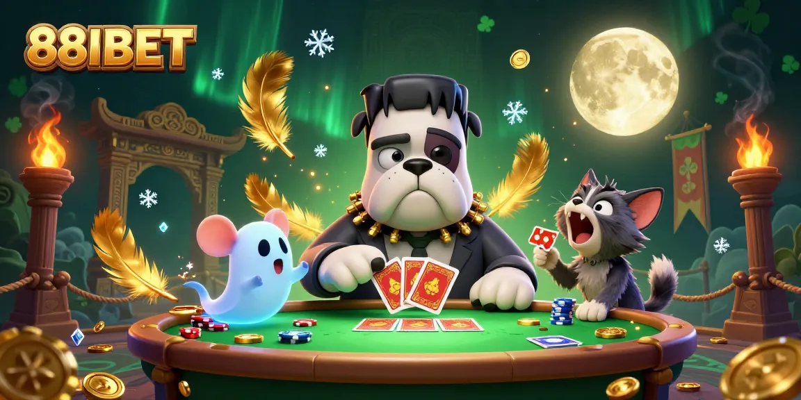 88IBET showcases thrilling gameplay with a whimsical illustration featuring a Frankenstein bulldog and ghost mouse.